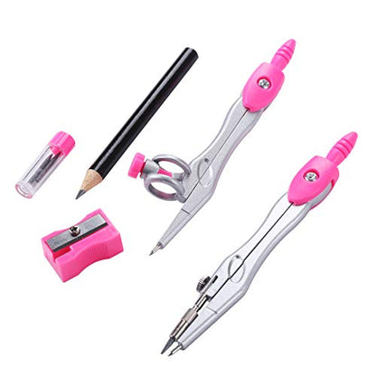 Unjoo Math Geometry Kit Sets 10 Piece Student Supplies with Shatterproof Storage Box,Includes Rulers,Protractor,Compass,Eraser,Pencil Sharpener,Lead Refills,Pencil,for Drafting and Drawings（Pink） - color: Red