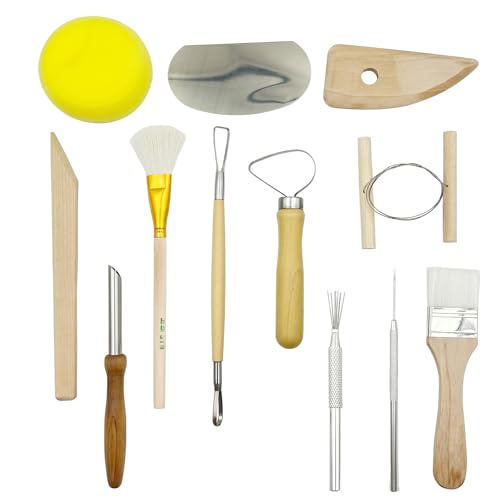 12PCS Pottery Tools Kit for Beginners Clay Sculpting & Ceramic mud Tools Set with Sponge Carving Supplies Cleaning Easy-to-Use Pottery Starter Kit for DIY Craft & Clay Modeling