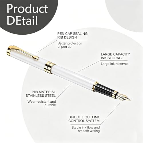 Tiankool Luxury Fountain Pen,Fine Nib, Exquisite Pen Gift Set for Men&Women-Includes 10 Ink Cartridges&Ink Converter- Nice Pens - White - color: White