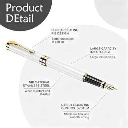 Tiankool Luxury Fountain Pen,Fine Nib, Exquisite Pen Gift Set for Men&Women-Includes 10 Ink Cartridges&Ink Converter- Nice Pens - White - color: White