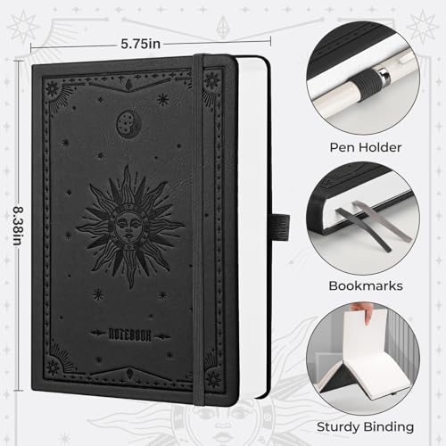 EMSHOI Dotted Journal Notebook, 320 Pages, A5 Small 5.75"x8.38", PU Leather Hardcover, 100 GSM Thick Paper, 5mm Dot Grid Notebook for Journaling, Planning, Drawing, Writing, Black - color: Black, size: A5 Dotted