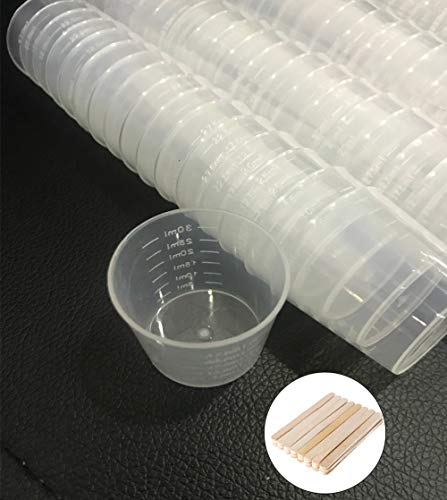 Kbraveo 100 Pack 30ml (1 OZ) Plastic Clear Graduated Cups Transparent Scale Cups Clear Measuring Cups with 100 Pack Wooden Stirring Sticks for Mixing Painting, Stain, Epoxy, Resin
