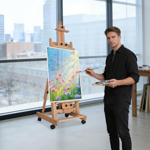 Multifunctional Artist Easel, H-Frame Adjustable Studio Easel, Portable Beech Wood Easel Stand with Brake Wheels, Floorstanding Painting Canvas Stand, Professional Painting Creation Workstation