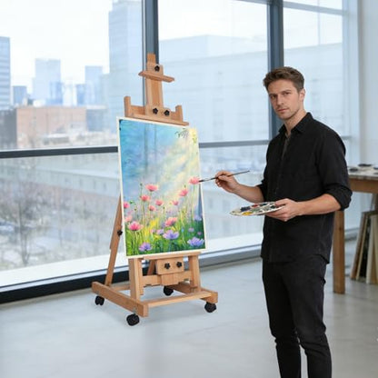 Multifunctional Artist Easel, H-Frame Adjustable Studio Easel, Portable Beech Wood Easel Stand with Brake Wheels, Floorstanding Painting Canvas Stand, Professional Painting Creation Workstation