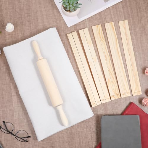 IMengjbang 12 Pcs Pottery Tools Set, Wooden Clay Rolling Pin with 5 Size Thickness Guides, Linen Tablecloth for Ceramic Pottery Making, Clay Roller for Crafts