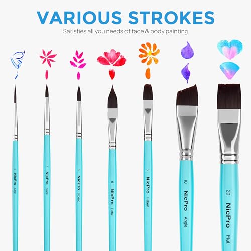 Nicpro Face Paint Brush Set, 7PCS Face & Body Painting Brushes with Aqua Blue Handles, Synthetic Nylon Hair Makeup Paintbrush Kit for Kids, Halloween, Cosplay, School Events & Summer Camp - color: Blue