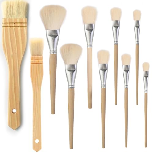 10 PCS Assorted Size Paint Brush Gilding Brush Gold Leaf Goat Hair Duster Flat Hake Brush Sweep Mops for Watercolor, Wash, Ceramic Pottery Painting, Metallic Foil Flakes Art Crafts Supplies