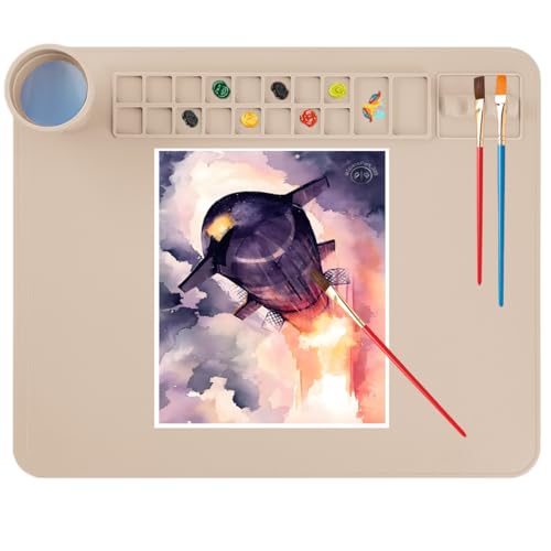 Silicone Painting Mat, 20"x 16" Silicone Art Mat with Cup, Kids Painting mat for Resin, DIY, Drawing Resin, Paint, Clay， Large Craft Art Mat (Beige) - color: Beige