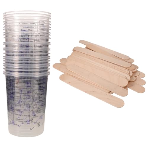 Housoutil 50 Sets 600ml Resin Measuring Cups with Graduated Scale and Wide Mouth, Disposable Pp Plastic Mixing Cups with Wood Stirring Sticks for Jewelry Casting and Professional Painting