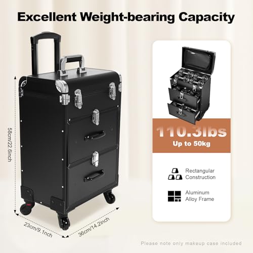 Lockable Makeup Train Case,110lbs Rolling Hairdressing Trolley,Beauty Salon Cosmetic Luggage with Universal Wheels for Hair Stylist,Make-up Artists,Hairdressers (Black 5) - color: Black 5