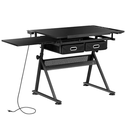 ZENY Adjustable Drafting Table with Stool, Tilting Drawing Desk Artist Table with Storage Drawers, Art Craft Workstation for Home Office Reading, Writing, Crafting (Black-with Outlet) - color: Black-with Outlet