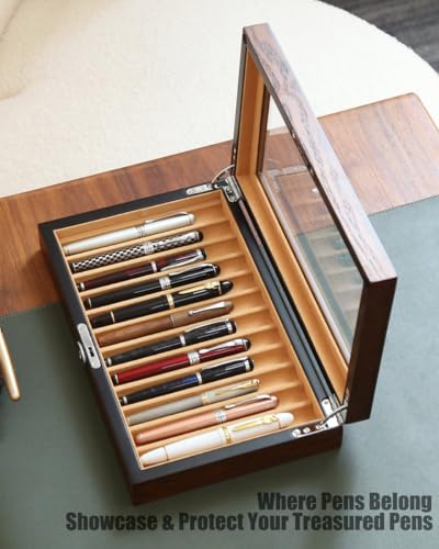 Fountain Pen Display Case with 12 Pens, Wood Pen Display Box, Lockable Pen Storage Box with Glass Top, Pen Box Organizer, Pen Collection Display Case (Brown with Camel Velvet) - color: brown 12 slots, camel velvet