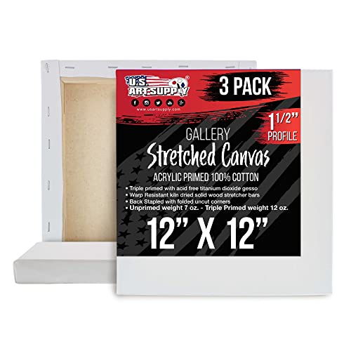 U.S. Art Supply Square Stretched Canvas for Painting 12x12 inch Gallery Depth 1-1/2" Thick, 3-Pack - 12oz Acrylic Gesso Triple Primed, Professional Artist Quality, 100% Cotton - Pouring, Oil Paint - size: 12" x 12"