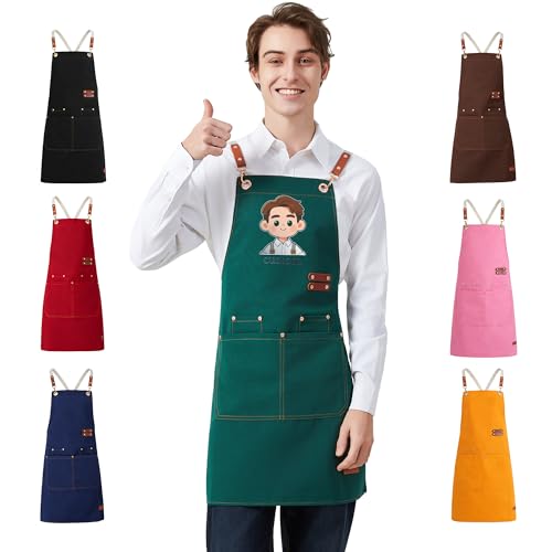 Personalized Waterproof Canvas Apron Custom Logo - Heavy Duty Cross Back 4 Pockets for Men Women Chef Barista - color: Green 1