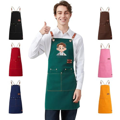 Personalized Waterproof Canvas Apron Custom Logo - Heavy Duty Cross Back 4 Pockets for Men Women Chef Barista - color: Green 1