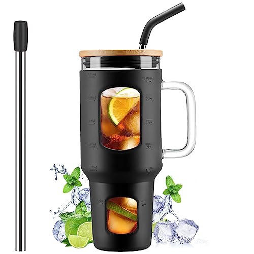 WINSA Glass Tumbler with Straw and Lid, 40 oz glass cup with handle, Glass Water Bottles with Time Marker, Silicone Protective Sleeve-Black - color: Black, size: 40 Ounces