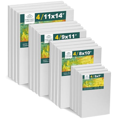 Inburit Canvas for Painting for Adults & Kids 16 Pack with 11x14, 9 x12, 8x10, 5x7 (4 of Each), Blank Primed Stretched Canvases for Oil, Acrylic & Other Painting Media - size: 16PCS+(4sizex4)