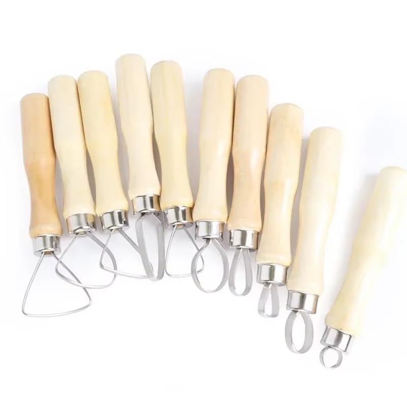 Lagnlnaoy 10Pcs Pottery Clay Sculpture Loop Tool Wood Handle Ceramics Sculpting Tools Stainless Steel Clay Pottery Sculpting Flat Wire Kit