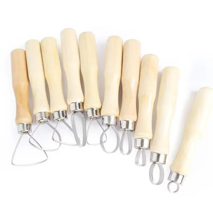 Lagnlnaoy 10Pcs Pottery Clay Sculpture Loop Tool Wood Handle Ceramics Sculpting Tools Stainless Steel Clay Pottery Sculpting Flat Wire Kit
