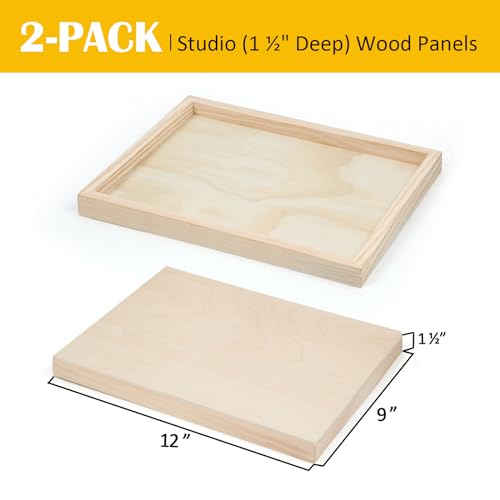 Falling in Art 2 Pack Unfinished Wooden Canvas Panels, 9x12 Gallery Birch Wood Panels Kit, 1 1/2" Deep Art Cradle Boards for Acrylic Painting, Pouring and Burning - size: 9*12 2 Pack