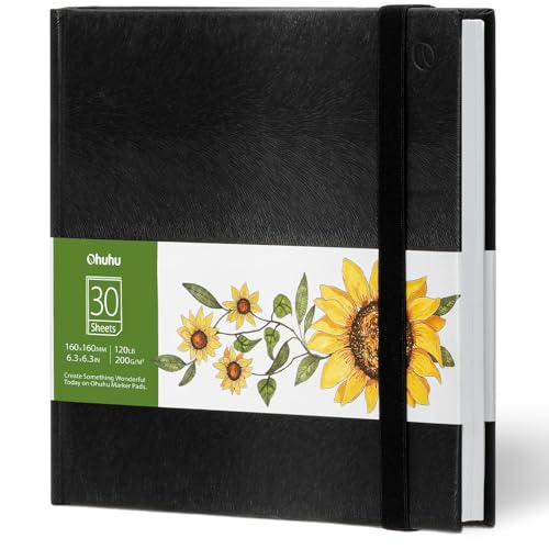 Ohuhu Marker Pads Art Sketchbook, 6.3"x6.3" Mini Square Size, 120 LB/200 GSM Heavy Smooth Drawing Papers, 30 Sheets/60 Pages, Hardcover Sketch Book, for Alcohol Marker Christmas Gift - size: 6.3" x 6.3"