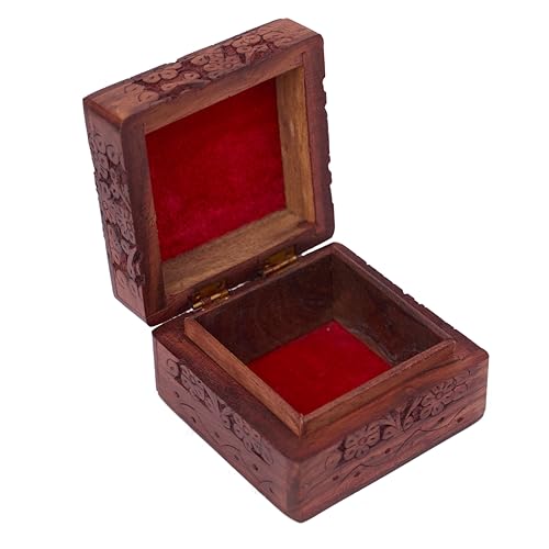 GURU JEE Wooden Hand Carved Keepsake Box Jewellery Armoire Chest Organiser Perfect Unique Gifts Ideas For Women - color: FLWD_4X4