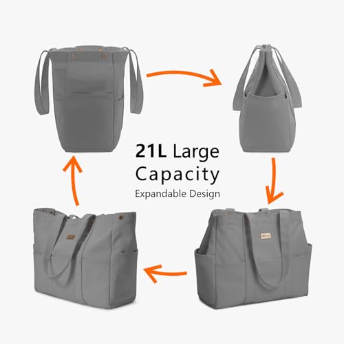 TOPDesign Large Canvas Tote Bag for Women, Shoulder Bag with Laptop Sleeve & Pockets, Everything Tote for Travel, Work (Grey) - color: Grey