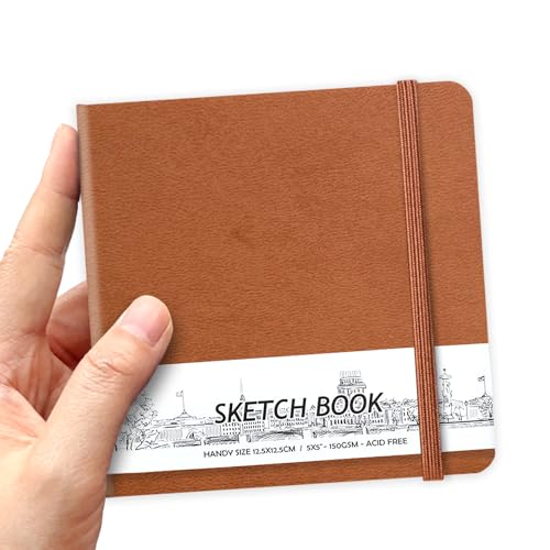 5" x 5" Hardcover Sketch Book,Small Mixed Media Sketch Pad,58 Sheets 150GSM Acid-Free Artist Drawing Paper,Travel Journal Blank Notebook for Adults Painting,Illustration,Art Supplies.Light Brown - color: 150gsm PU-light brown
