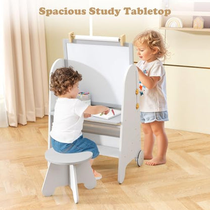 INFANS Easel for Kids with Stool, 4-in-1 Double-Sided Adjustable Magnetic Chalkboard with Paper Roll, Bookshelves, Wheels, Wooden Standing Painting Drawing Art Board for Boys Girls - style: Grey