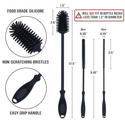 Kitchiny Silicone Bottle Brush with 2 Straw Cleaners - 12.5” Water Bottle Cleaner Brush for Yeti, Hydro Flask, Owala, Stanley, Baby Bottles, Glassware, Vases & Narrow Neck Containers - Grey - color: Gray
