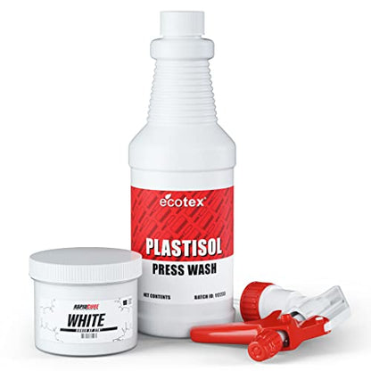 Rapid Cure® White Plastisol Ink (8 oz.) and Ecotex® Plastisol Press Wash (Pint - 16 oz.) - Ink for Screen Printing Fabric, Screen Printing Cleaner/Degreaser - Silk Screen Press Wash/Plastisol Ink - color: White