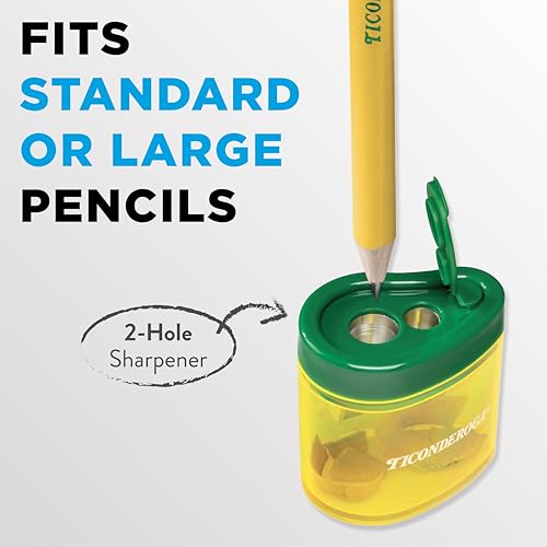 Ticonderoga Two-Hole Manual Pencil Sharpener for Standard and Beginner Pencils, Yellow/Green, 2" x 2" x 1.25", German-Engineered, 1 Count - style: 2-Hole