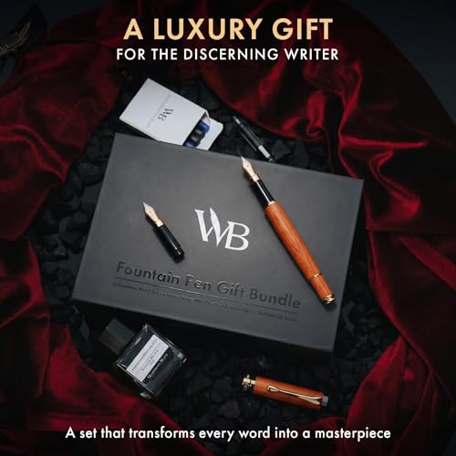 Wordsworth & Black Fountain Pen Set, Luxury Bamboo Wood - Medium Nib, Extra Fine Nib, Gift Case; 25ML Black Ink Bottle, 6 Ink Cartridges, Refill Converter - Calligraphy, Writing [Cherry Wood] - color: Cherry Wood