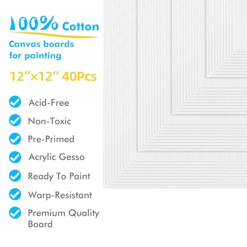 Gotideal Canvas Boards for Painting, 40pcs 12x12 Primed Canvas for Painting, Bulk Painting Canvas for Kids and Adults, White Blank Canvas Panels for Acrylic, Oil, Pour Art Supplies - size: 12x12 inch