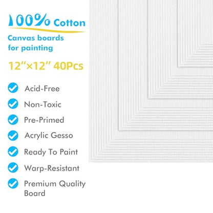 Gotideal Canvas Boards for Painting, 40pcs 12x12 Primed Canvas for Painting, Bulk Painting Canvas for Kids and Adults, White Blank Canvas Panels for Acrylic, Oil, Pour Art Supplies - size: 12x12 inch