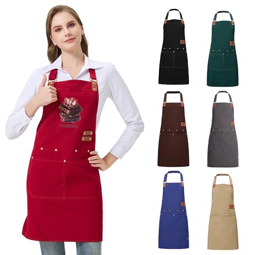 Personalized Waterproof Canvas Apron Custom Logo - Heavy Duty Cross Back 4 Pockets for Men Women Chef Barista - color: Red