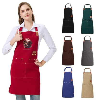 Personalized Waterproof Canvas Apron Custom Logo - Heavy Duty Cross Back 4 Pockets for Men Women Chef Barista - color: Red