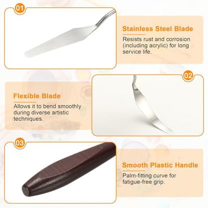 HARFINGTON 5pcs Palette Knife Painting Tool 3.31 x 0.71 Stainless Steel Art Spatula Pallet Knives Scrapers Tools with Beech Wood Handle for Acrylic Oil Canvas Mixing Spreading, Red/Silver - size: 3.31" x 0.71"