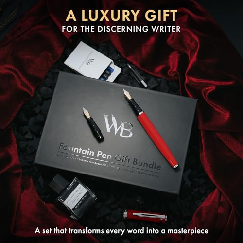 Wordsworth & Black Fountain Pen Set,18K Gilded Medium and Extra Fine Nib,25ML Black Ink Bottle,6 Ink Cartridges,Refill Converter, Gift Box, Smooth Writing Pens [Red Chrome],Gift Set for Men and Women - color: Red Chrome