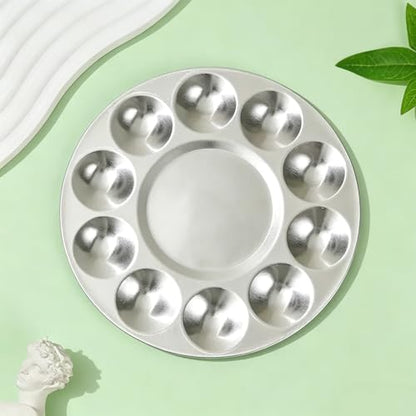 JKJF 2 Pcs Round Paint Tray Palettes, Metal 10 Well, for Artist Watercolours DIY Craft Professional Art Painting