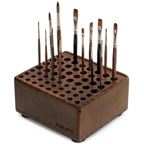 DUGATO Wooden Brush Holder, 59 Hole Desk Organizer with Rest Groove | Tabletop Stand for Paint Brushes, Pencils, Pens & Art Supplies, Built-In Drying Rest, Studio Desktop Rack