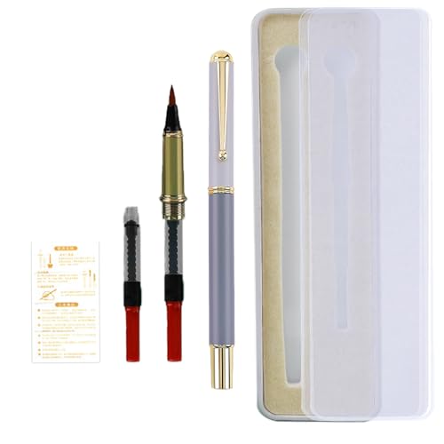Huakaile Portable Pocket Metal Fountain Brush Pen with Case, Refillable Flexible Brush Tip Calligraphy Pen for Writing Lettering Illustration Art (1 Gray Pen, 1 Pen Tip, 3 Ink Converters) - color: 1 Gray Pen, 1 Pen Tip, 3 Ink Converters