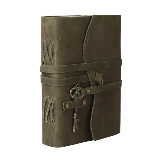 Leather Journal with Deckle Edge Paper 8x6 inch and Vintage Key | Handmade Writing Notebook Diary | Bound Daily Notepad for Men & Women Medium, Sketch/Writing pad for Artists - color: Dark Green, size: 8 x 6, style: Unlined Deckle Paper