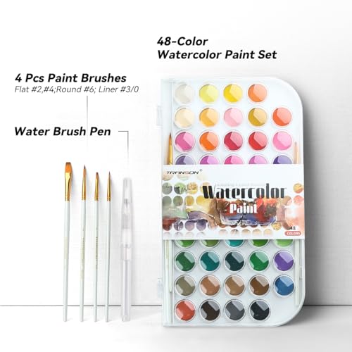 TRANSON 48 Colors Watercolor Paint Set with 4pcs Paint Brushes and 1pcs Water Brush Pen for Adults, Beginners and Artists