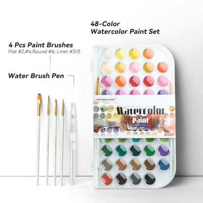 TRANSON 48 Colors Watercolor Paint Set with 4pcs Paint Brushes and 1pcs Water Brush Pen for Adults, Beginners and Artists