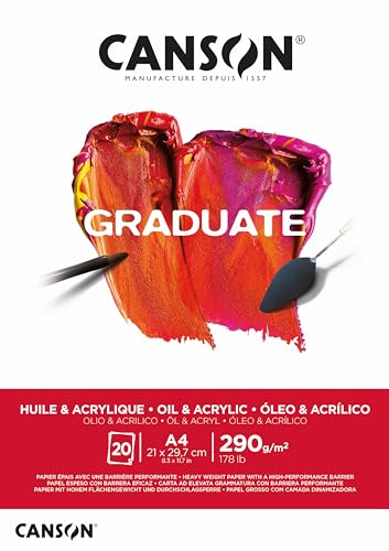 CANSON Graduate Oil and Acrylic 290gsm A4 Paper, Non-Woven, Pad Glued Short Side, 20 Natural White Sheets, Ideal for Student Artists - size: A4