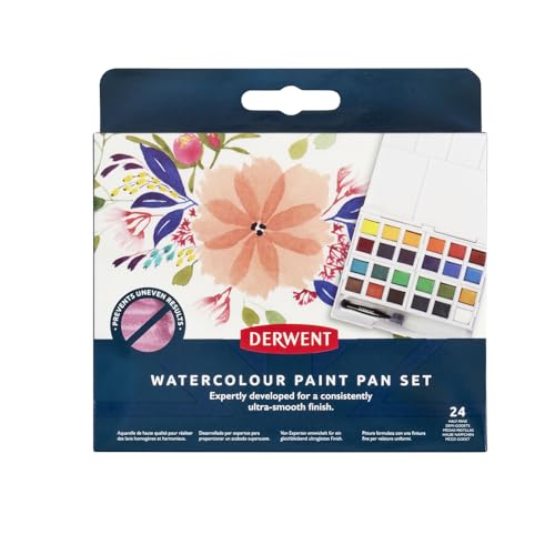 Derwent Watercolour Paint Pan 24 Set, Set of 24, Half Pan Size, Water-Soluble, Ideal for Painting, Professional Quality, Travel Size, 2306324