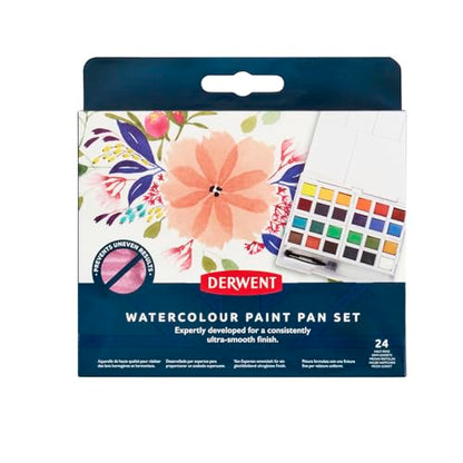 Derwent Watercolour Paint Pan 24 Set, Set of 24, Half Pan Size, Water-Soluble, Ideal for Painting, Professional Quality, Travel Size, 2306324
