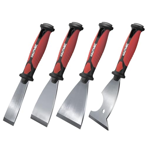 HAUTMEC Putty Knife 4 PC Set, 1.25",2",3" Paint Scraper & 3" 8-in-1 Paint Stripper, Heavy Duty Stainless Steel Blade and Hammer End for Removing Wallpaper, Plaster, Cement 25060