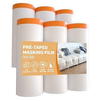 Painters Plastic with Tape (59inch x 65ft,6 Rolls) - Large Masking Film for Furniture, Sofa & Table Cover - Dustproof Plastic Sheeting for Painting House - size: 59in x 65Ft
